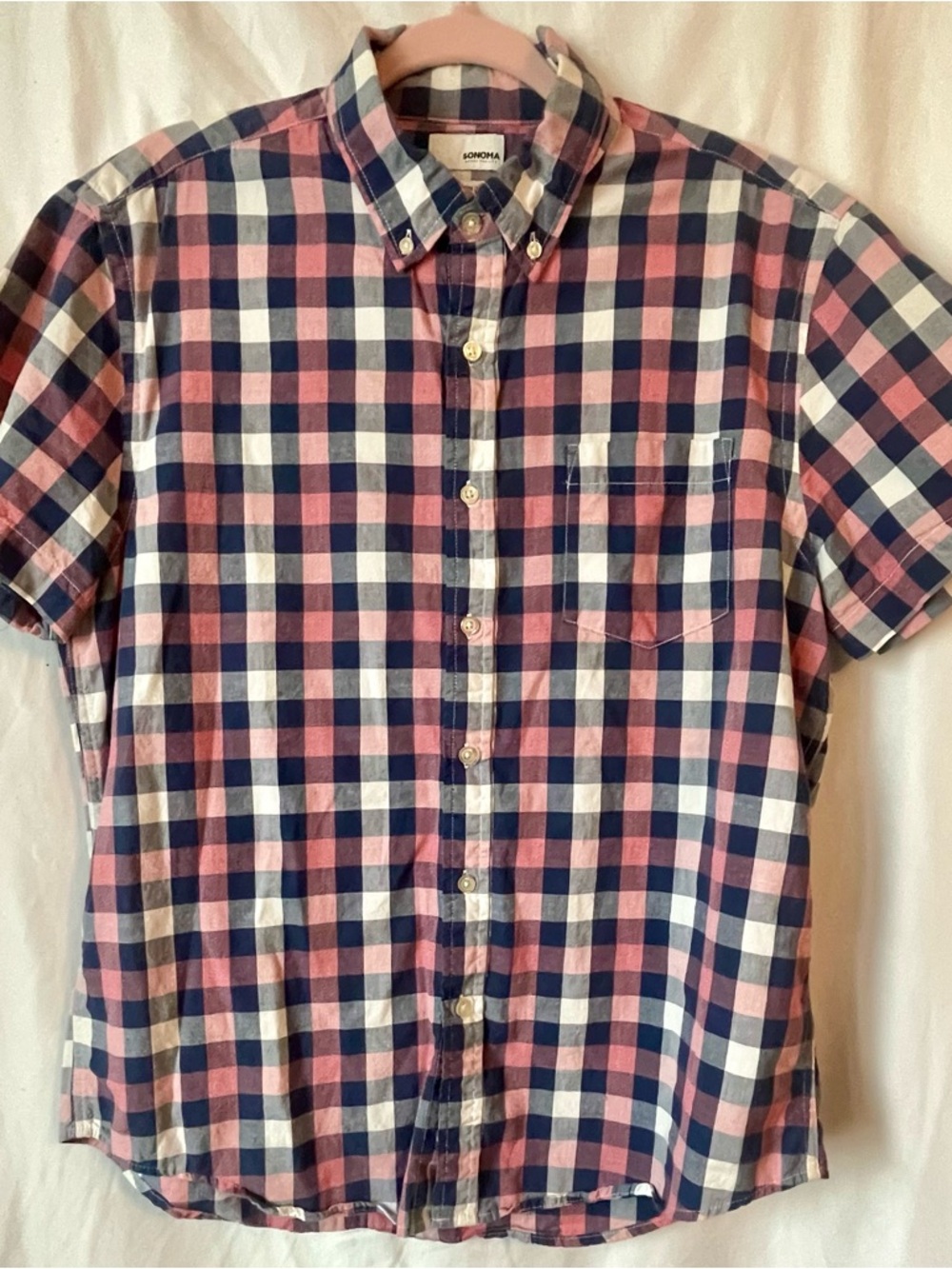 Sonoma Men's Short-Sleeve Button-Down Large Shirt in Navy, Pink & White Plaid